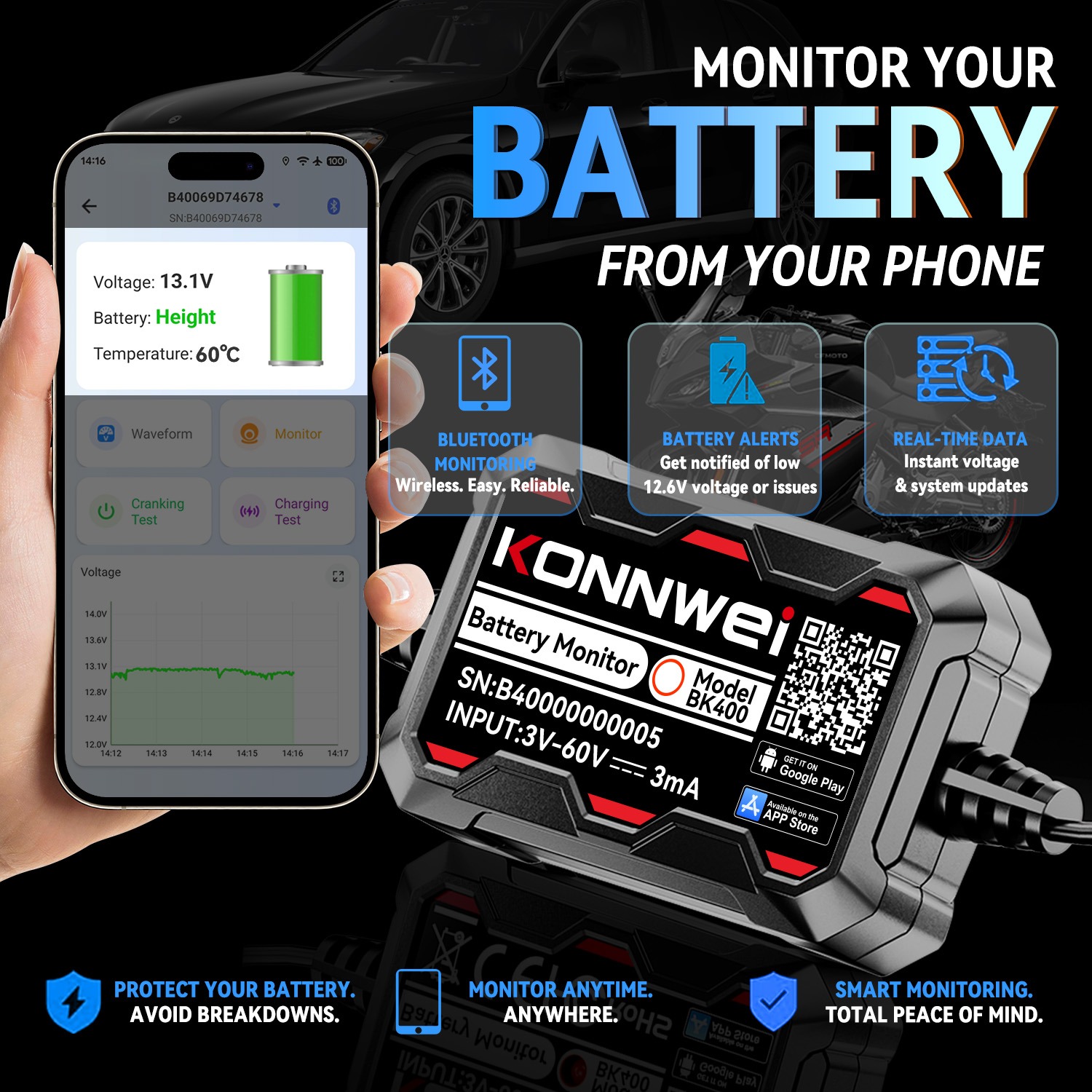 Battery Monitor Coulometer - BK400 Bluetooth Auto Batterij Monitor 3V-60V